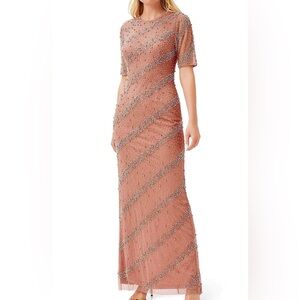 Aidan Mattox Beaded Long Sleeve Dress in Peach